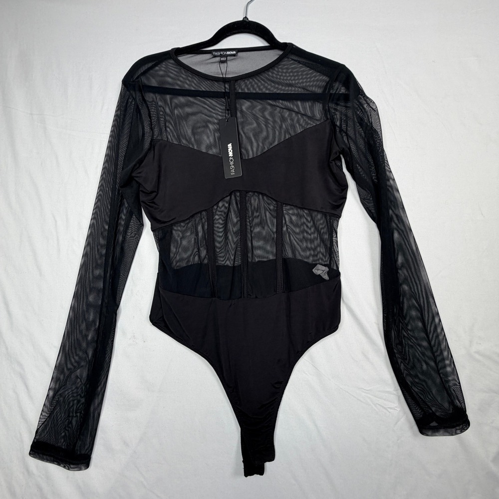 Fashion Nova Lights Out Mesh Bodysuit Black Sheer Long Sleeve XL 37361